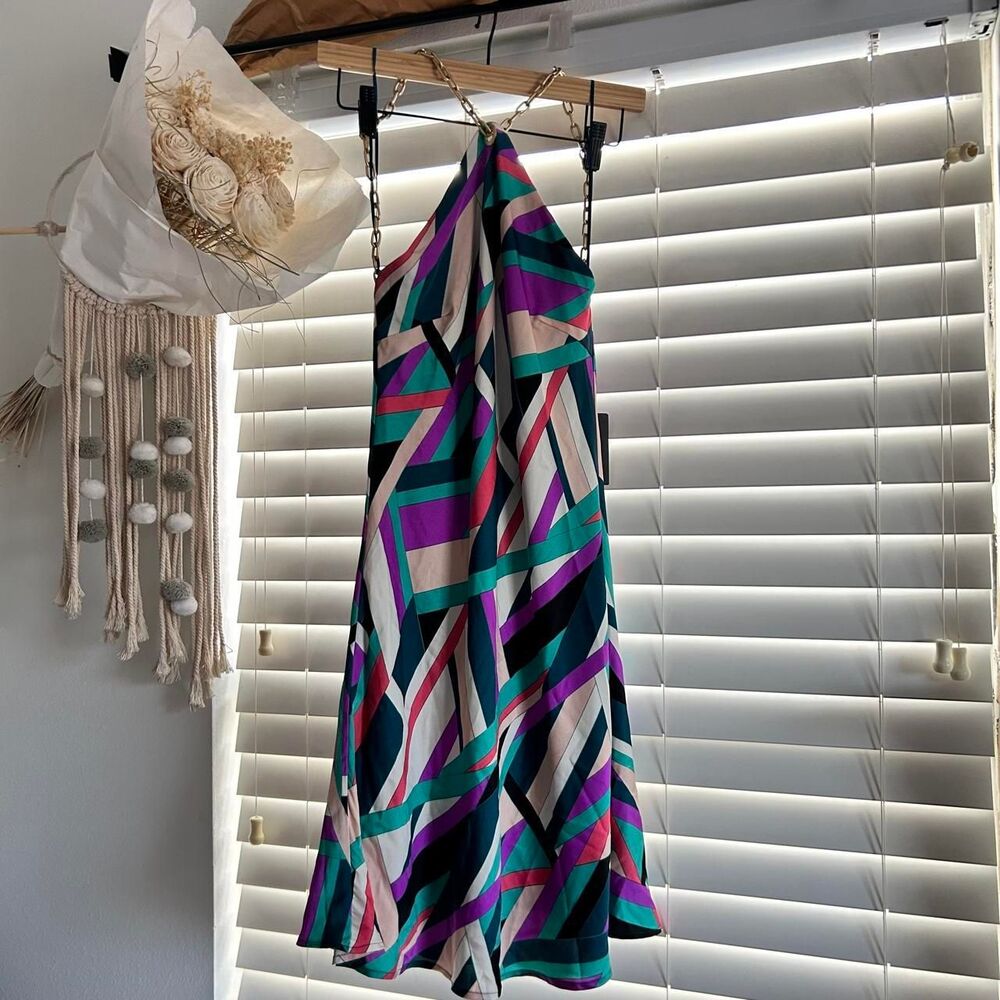 Festival party colorful Geometric Chain Strap open back halter Mini Dress M
